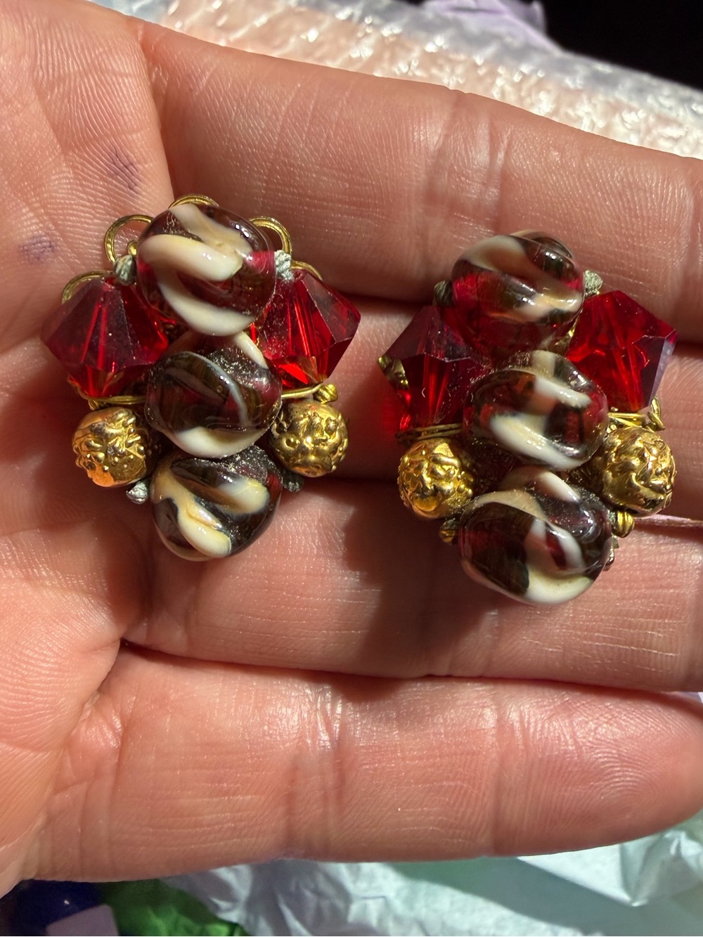 Vintage Red Cream Glass Bead Cluster Earrings